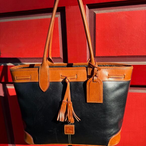 Dooney & Bourke Saffiano Leather Tassle Tote Bag — Black & Natural Trim - Picture 15 of 16